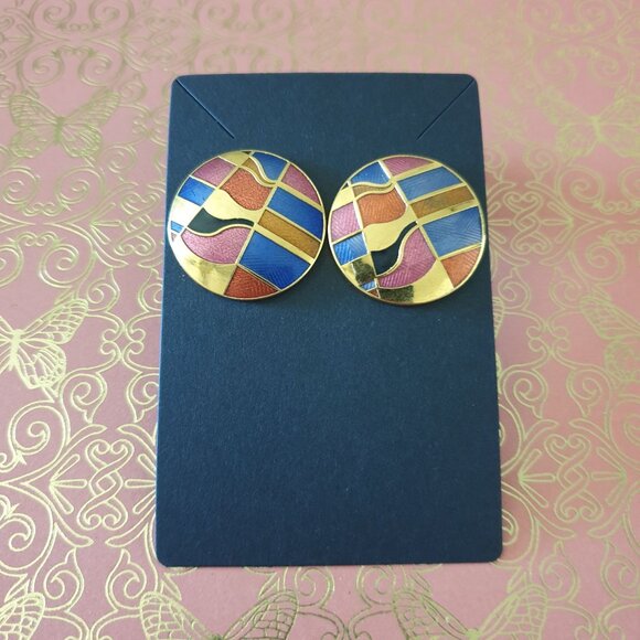 Vintage Gold Tone Enamel Abstract Stud Post Earrings Costume Granny Core Gift - Picture 2 of 4